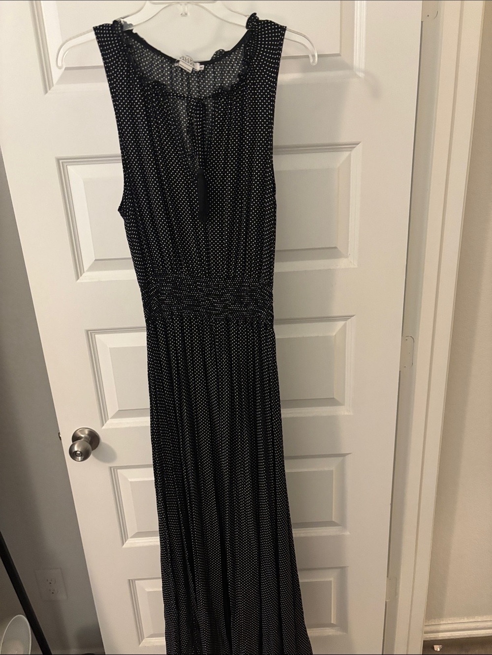 Molly Bracken maxi dress black & white polka dot SZ M smocked waist crochet lace